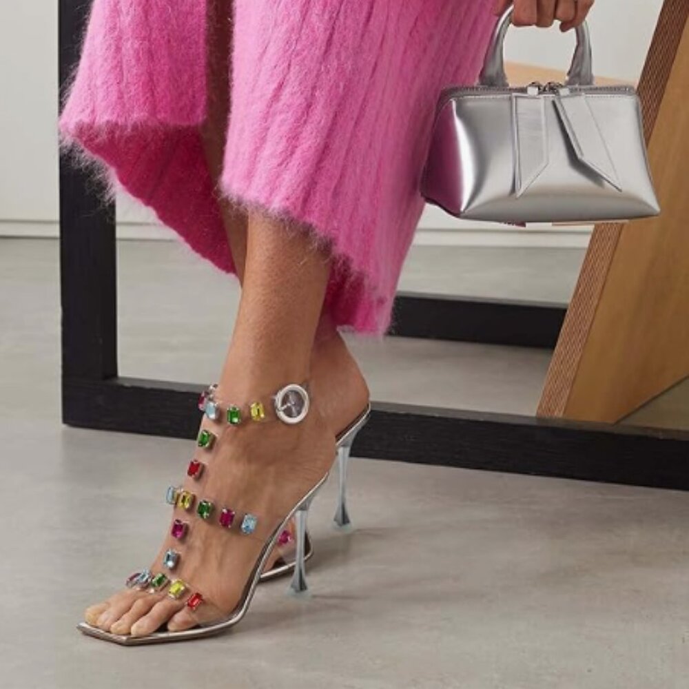 XYD Silver Clear T-Strap Rhinestones Buckled Sandals PVC High Stiletto Heel Shoe